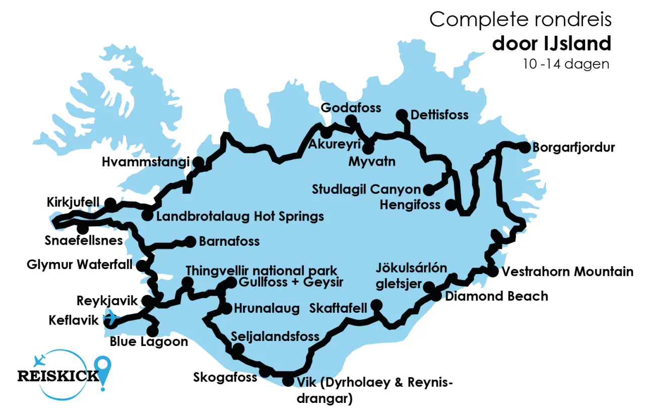 Kaart rondreis roadtrip IJsland - Reiskick